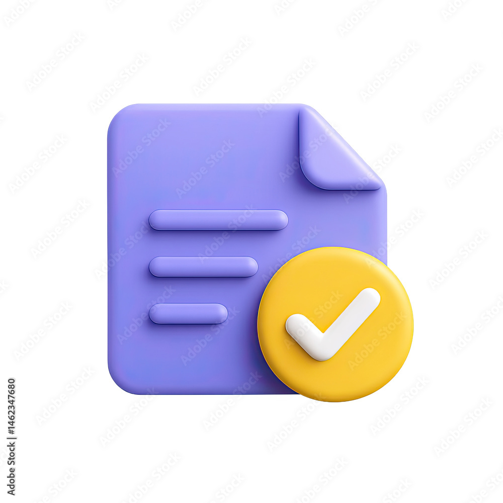 Poster 3d render of purple document with yellow check mark icon on transparent background