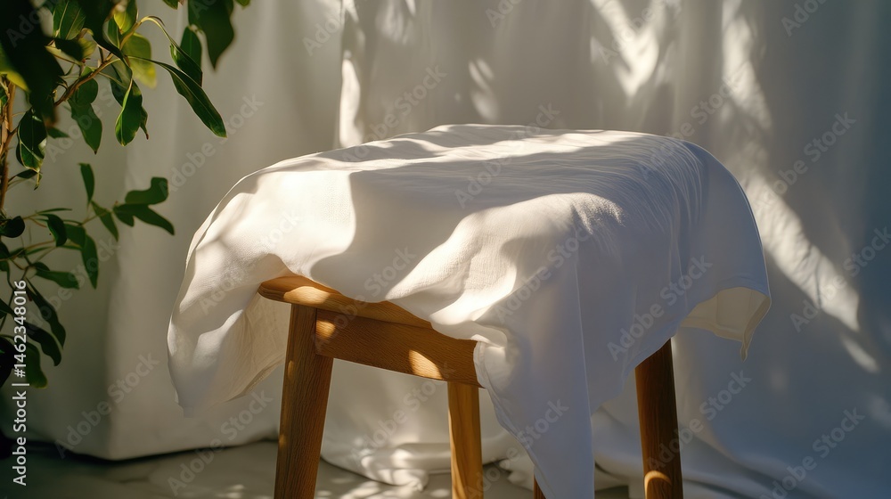 Poster rustic wooden stool with soft white fabric, bathed in natural light and enveloped in subtle shadows,