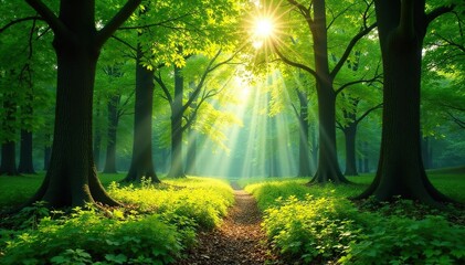 Obraz premium Sun-dappled beech forest floor, lush green canopy, majestic, magical, mystical