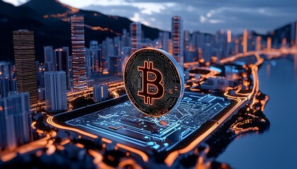 Bitcoin digital currency over cityscape