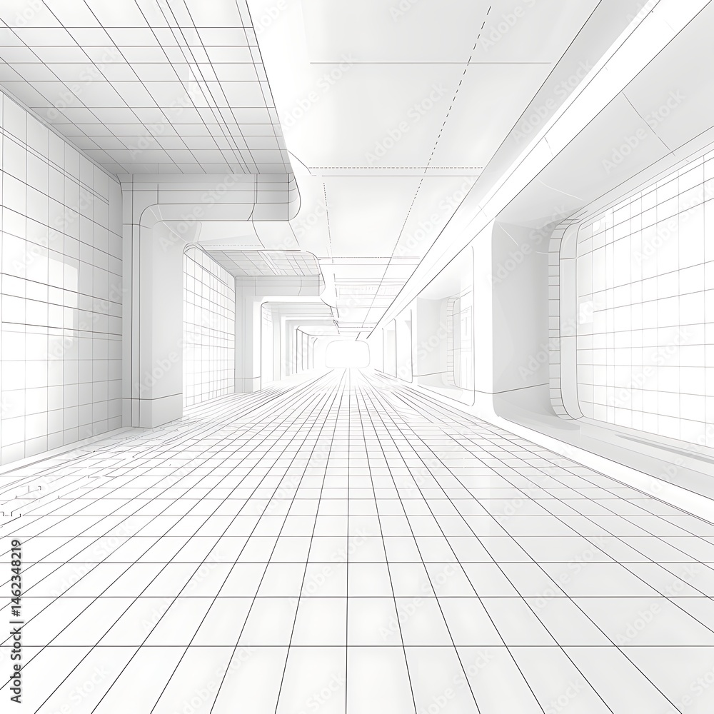 Poster abstract white wireframe tunnel or corridor receding into a bright vanishing point. futuristic archi