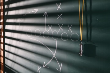 Chalkboard with scheme of American football game and whistle, closeup