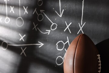 American football ball near chalkboard with scheme of game, closeup