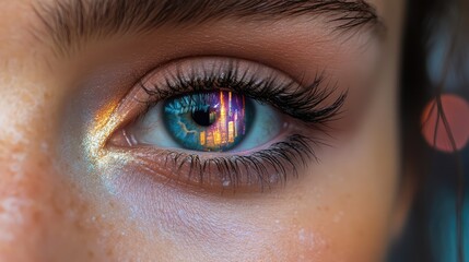 Obraz premium Captivating Close-Up of a Human Eye Reflecting a Colorful Cityscape with Unique Textures and Vivid Hues, Showcasing Intricacies of Nature and Urban Artwork