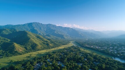 Naklejka premium aerial view from drone shows vibrant landscapes of asia blending cities and nature