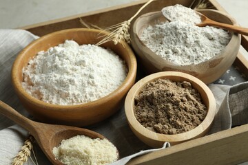 Different types of flour on light table, closeup