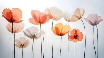 Delicate, translucent poppies in pastel hues against a light background.