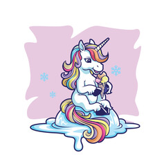 Cute Cartoon Rainbow Unicorn Eating Ice Cream