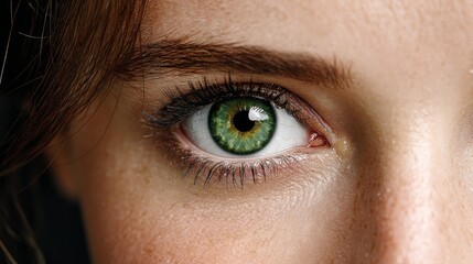 Obraz premium Close-up of a woman's expressive green eye with detailed eyelashes