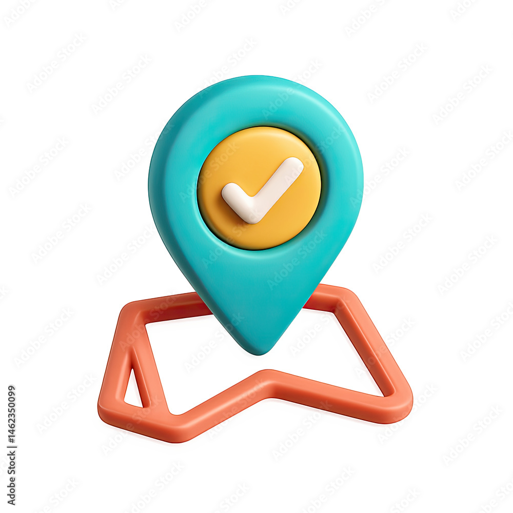 Aufkleber 3d render of turquoise location pin with check mark on coral map