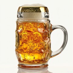 Cold beer in a clear glass mug with bubbles and foam on a white isolated background.