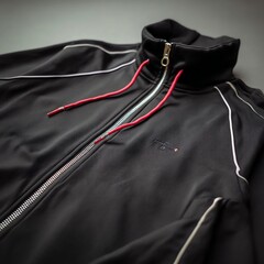 Black athletic jacket with red zipper and detailing, isolated on a gray background.
