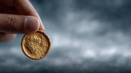 Hand holding golden coin against stormy sky