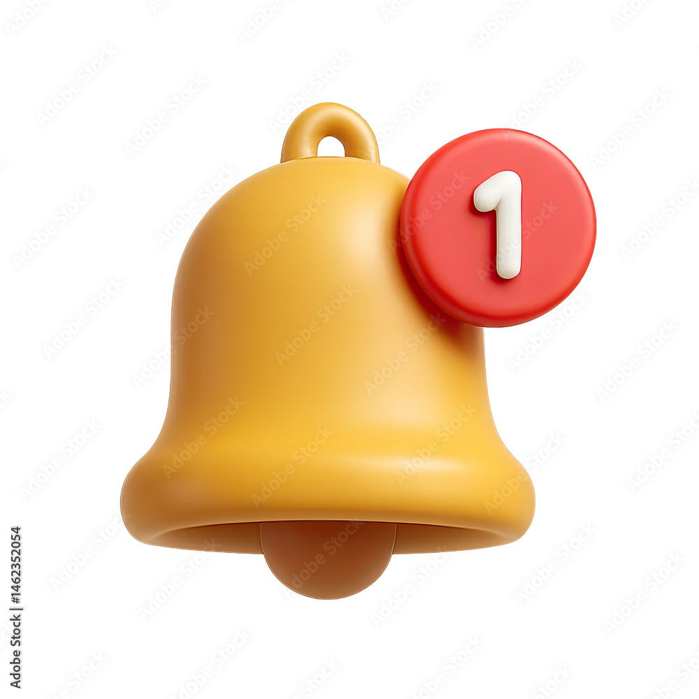 Poster 3D Render of Yellow Notification Bell Icon with Red One Number