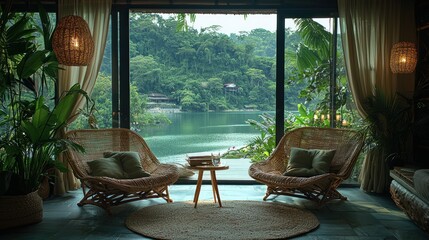 Fototapeta premium Tranquil lakefront living room. Lush greenery and water views