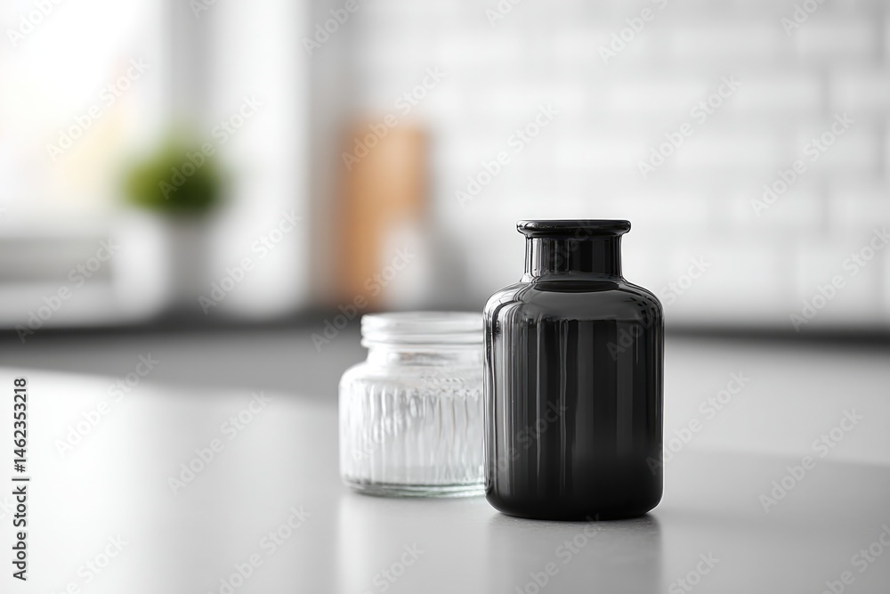 Poster capture serene kitchen utilizing minimalistic design where person sits with blurred focus allowing f