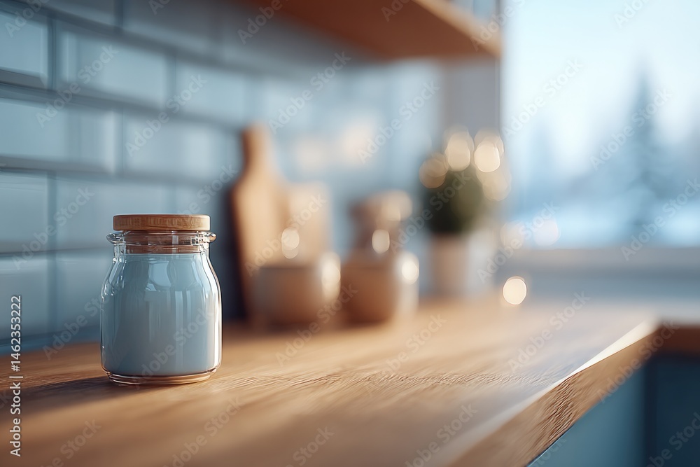 Poster capture serene kitchen utilizing minimalistic design where person sits with blurred focus allowing f