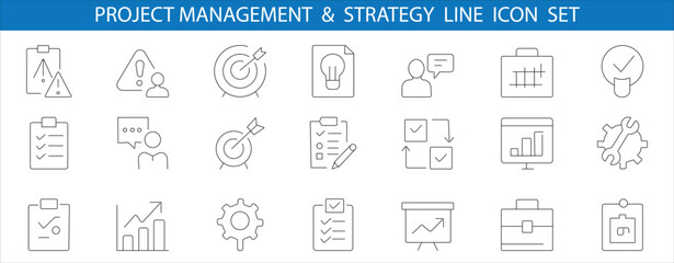 Line icon set for project management & strategy, covering task tracking, goal setting, analysis, growth, and teamwork, ideal for business designs.