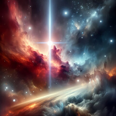 Celestial light beam through nebula. Spiritual or cinematic feel with a light beam breaking through colorful clouds in space. Generative AI