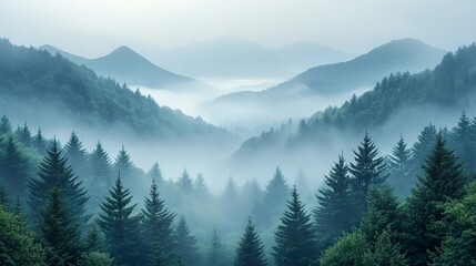 Mystical, misty forest landscape with coniferous trees, foggy morning in a mountain valley. Green nature background.