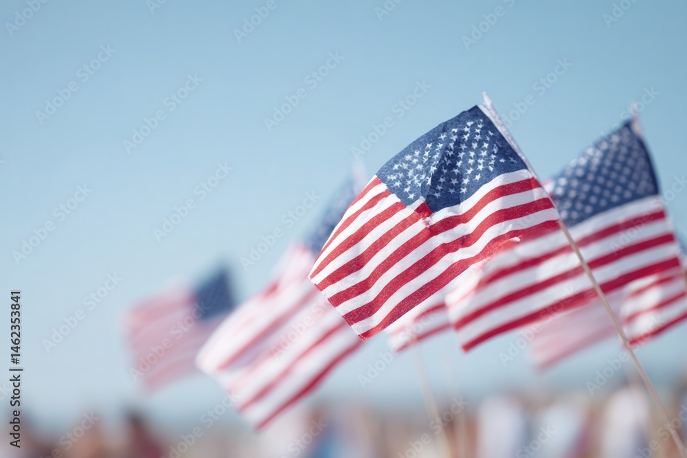 Poster capture array of american flags fluttering against clear sky with ample copy space featuring blurred