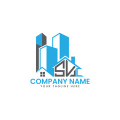 Fototapeta premium Modern Real Estate Logo Design – Blue Building Icon Template for Construction or Property Business
