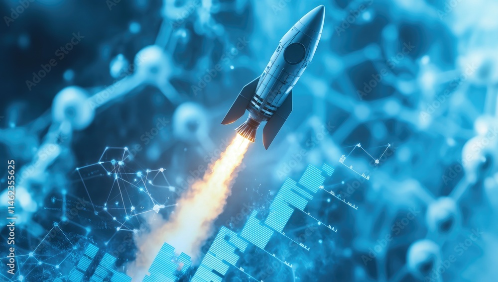 Poster dramatic rocket launching over pixelated chart with abstract network on blue background signifying i