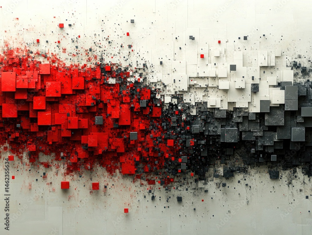 Poster a chaotic abstract composition with many red, gray, and white cubes. use this dynamic image as a bac