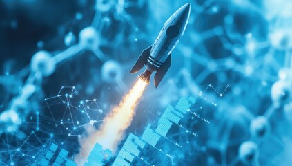 Dramatic Rocket Launching Over Pixelated Chart with Abstract Network on Blue Background Signifying Innovation and Business Growth