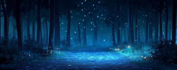 Magical blue forest path, glowing night