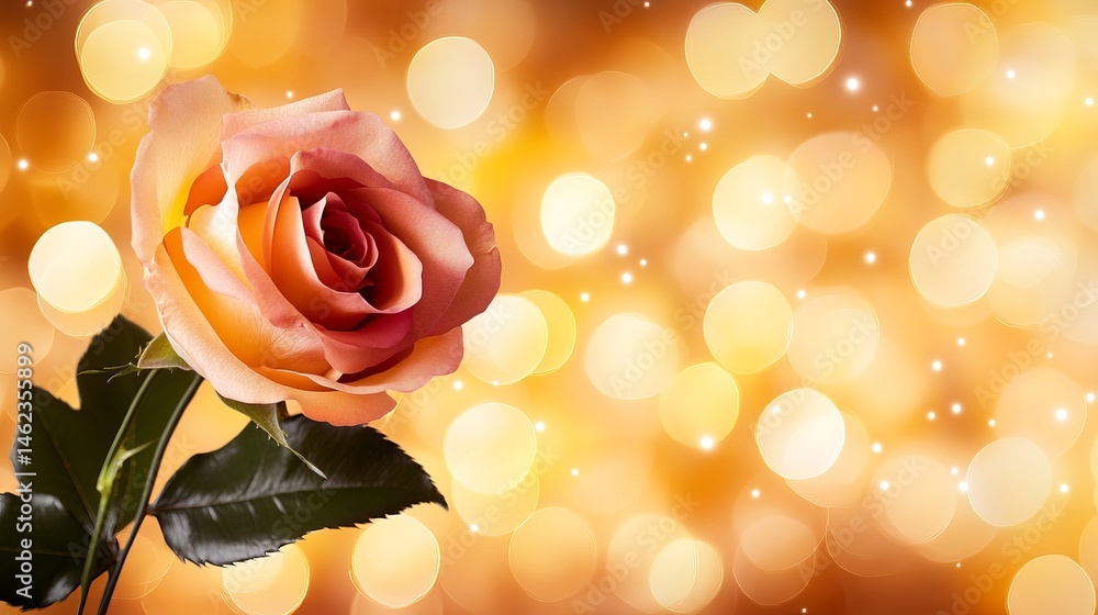 Poster rose with green leaves is presented against an orange bokeh background creating soft illumination.