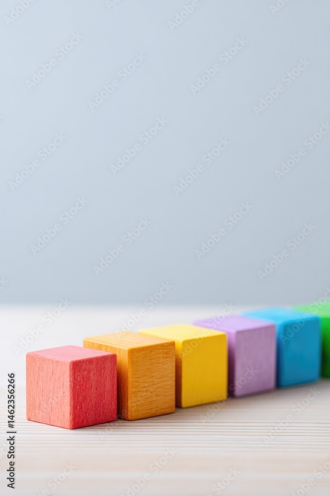 Poster close-up of colorful building blocks arranged in line on neatly organized desk to represent preschoo