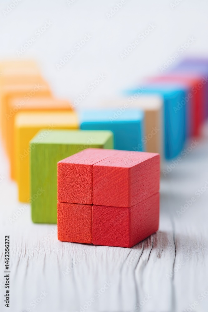 Poster close-up of colorful building blocks arranged in line on neatly organized desk to represent preschoo
