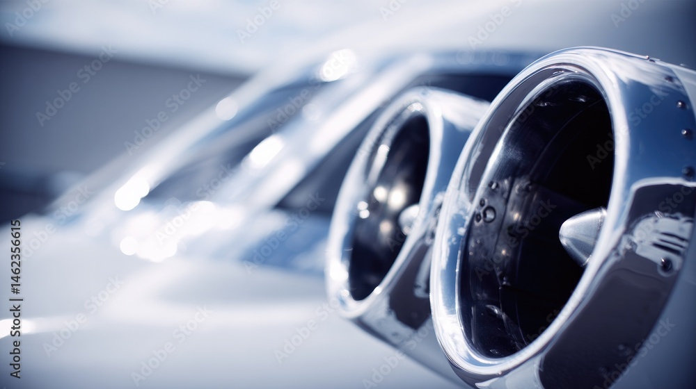 Poster close-up of sleek minimalistic aircraft engines with ample clean image and generous copy space