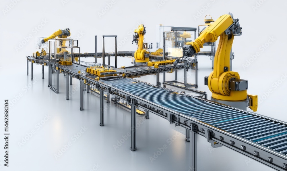 Aufkleber automated manufacturing line with robotic arms in operation