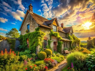 Rustic Village House, Blue Sky, Idyllic Rural Scene, Vintage Home, Countryside Charm