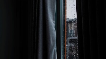 Rainy day view through dark window drapes.
