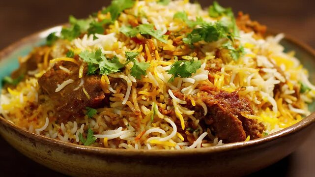 Exquisite Biryani Platter: A delectable biryani dish, featuring tender pieces of meat artfully layered with fragrant, fluffy rice and garnished with fresh herbs, served in a rustic bowl.