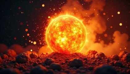 Fiery orange ball explodes outwards, intense heat , fireball, yellow