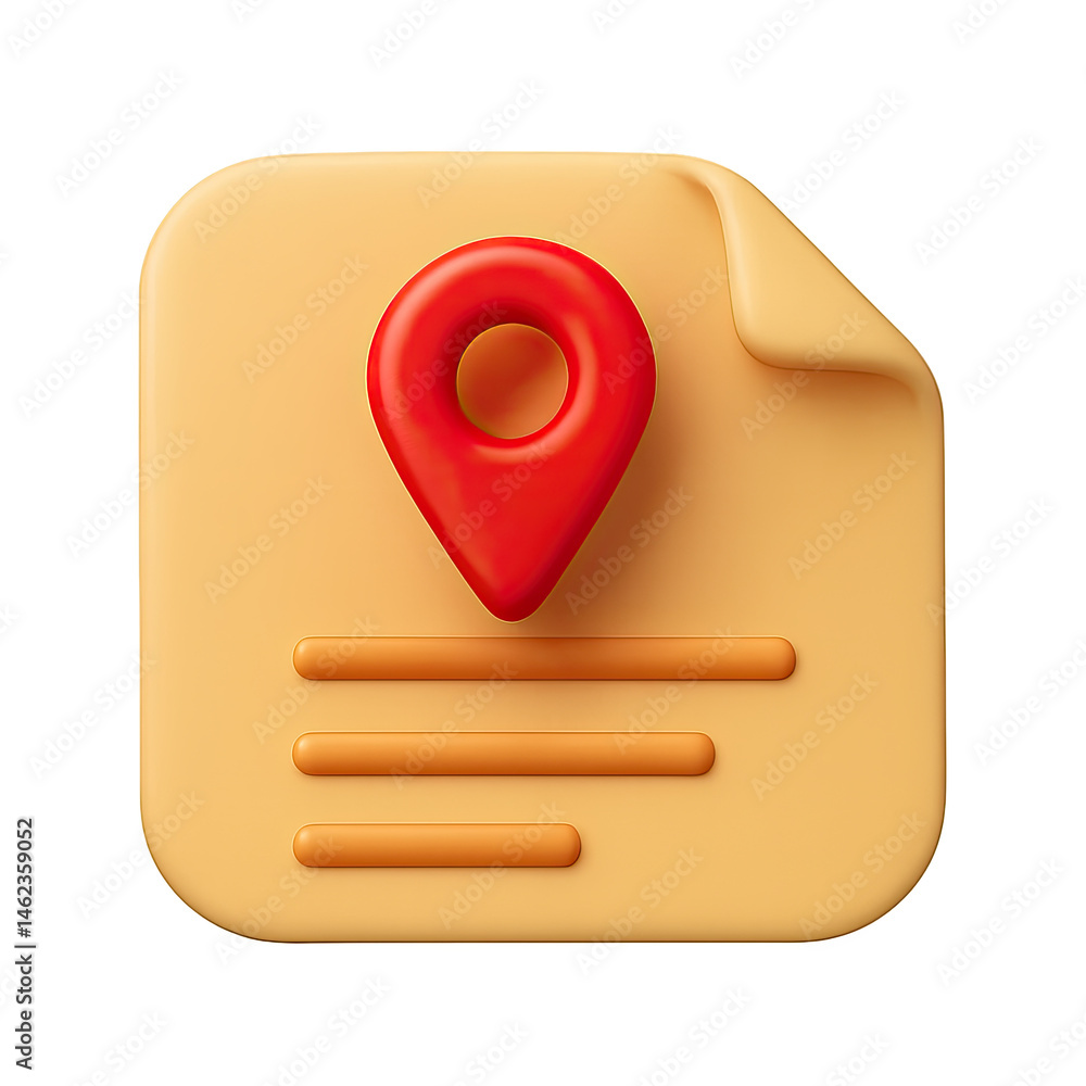 Poster red map pin on beige document icon 3d rendering