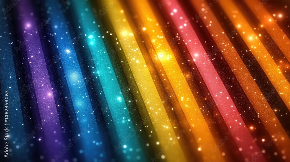 Poster diagonal rainbow stripes with sparkling bokeh overlay, cheerful and bright. it can be used for desig