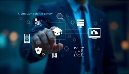 AI Literacy and Digital Safety - Icons and Finger in Virtual Display