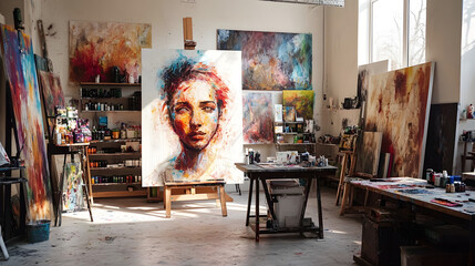 A lively creative space with canvases covered in expressive strokes and vivid textures.