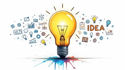 Bright Idea Concept: Glowing Light Bulb Surrounded by Doodle Icons. Innovation, Creativity, and Problem Solving