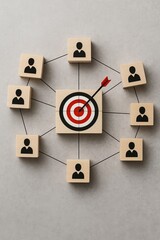 Teamwork Target Achievement Business Strategy Wooden Blocks Network People Success Goal Arrow Red White Target Marketing Plan Collaboration Effective Communication Group Project Management Efficient  