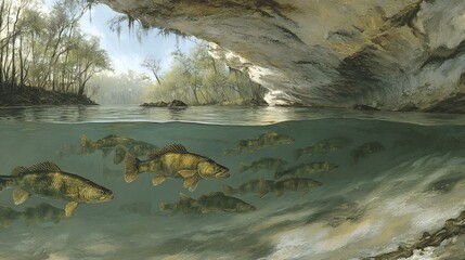 vibrant tropical fish swimming past glowing underwater cave