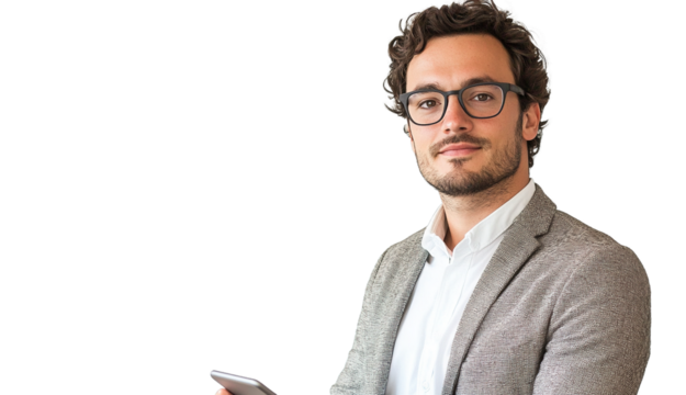 Portrait of a professional, young handsome businessman holding a tablet, isolated on white background, half body shot, relaxed - Powered by Adobe