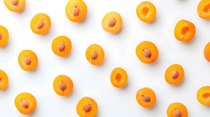 Fototapeta premium Pattern of halved apricots with pits on a white background creating a vibrant and fresh aesthetic