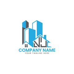 Fototapeta premium Modern Real Estate Logo Design – Blue Building Icon Template for Construction or Property Business