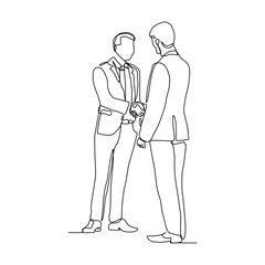 Continuous line sketch drawing of two businessman shaking hands from top view. Vector illustration editable stroke business success big deal
